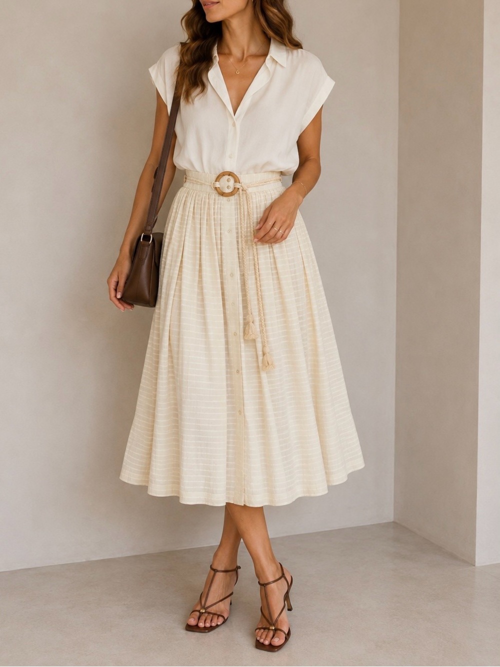 NWT Sessun Queen Valley Ivory Textured Midi Skirt with Belt | EU 40 US 8